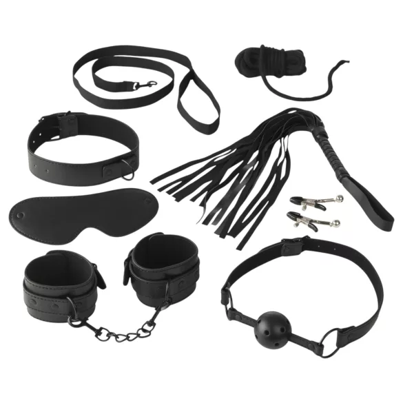 Baseks - set di legature con frusta e pinzette per capezzoli (nero)