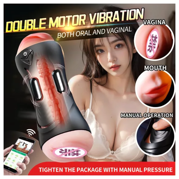 Leopard - masturbatore con bocca e vagina artificiale con vibratore per pene (color carne)