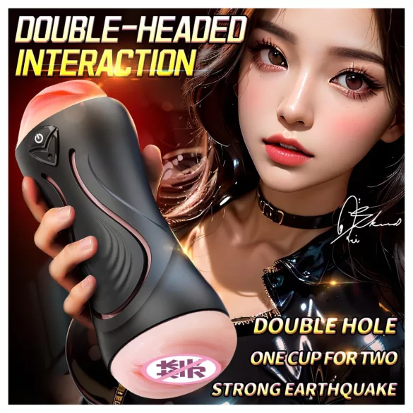 Leopard - masturbatore con bocca e vagina artificiale con vibratore per pene (color carne)