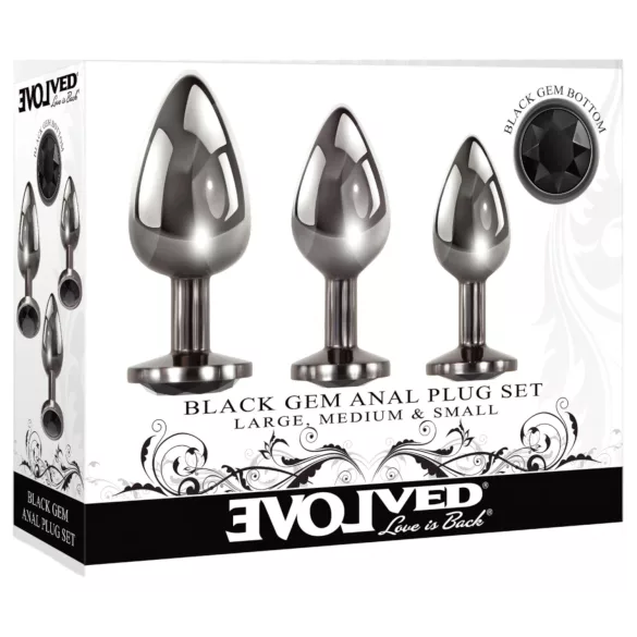Evolved Black Gem - set plug anale metallico - pietra nera - argento