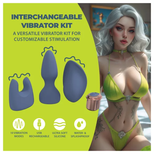 Loveline - set di vibratore con testine intercambiabili (blu-grigio)