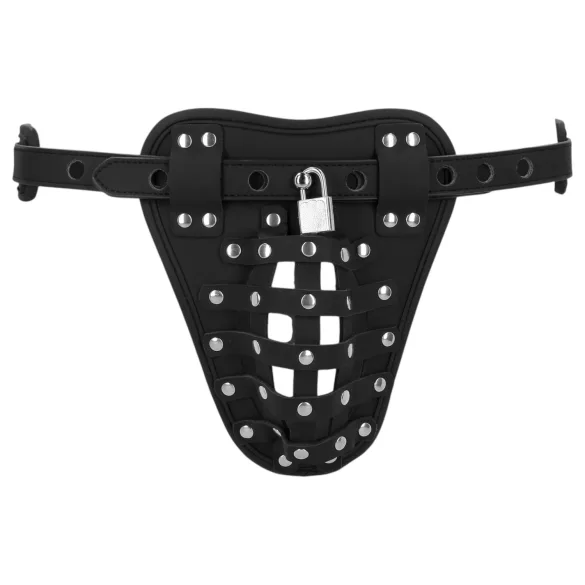 Ahi! - cintura di castità maschile in similpelle con gabbia e lucchetto (nera)