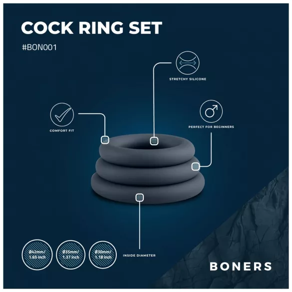 Boners - set anelli fallici - 3 pezzi - silicone grigio