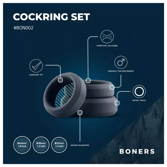 Boners - set anelli fallici in silicone - 3 pezzi - grigio
