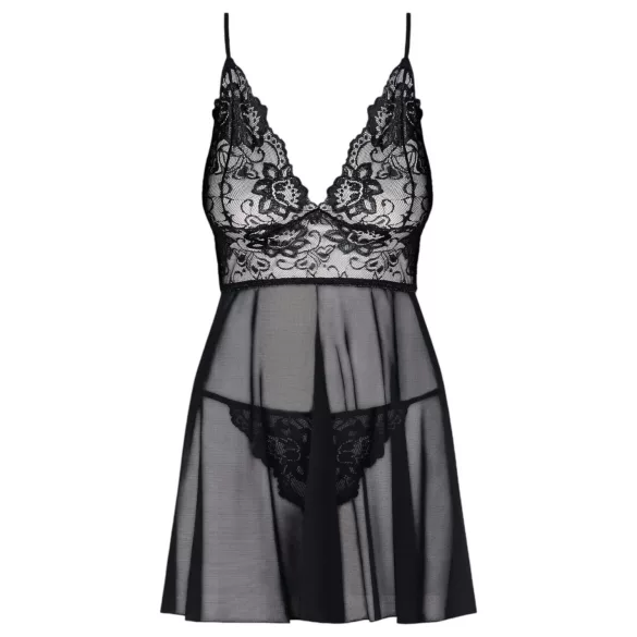 Idillio Ossessivo - camicia da notte leggera in pizzo e tanga (nero)