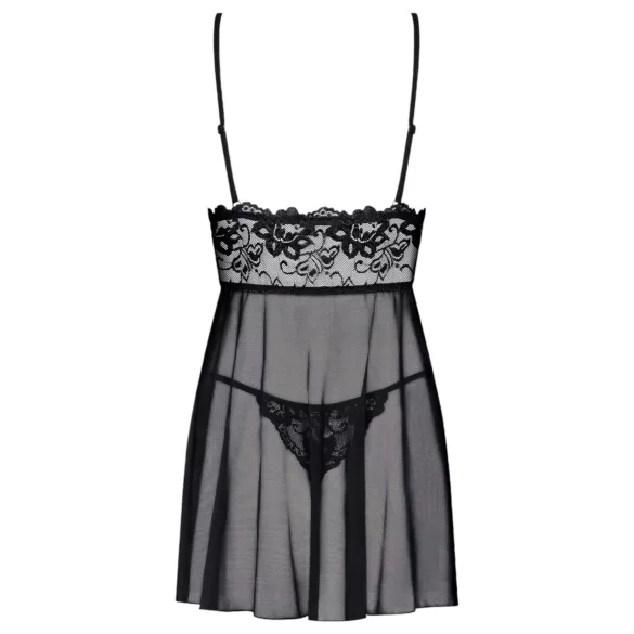 Idillio Ossessivo - camicia da notte leggera in pizzo e tanga (nero) - L/XL
